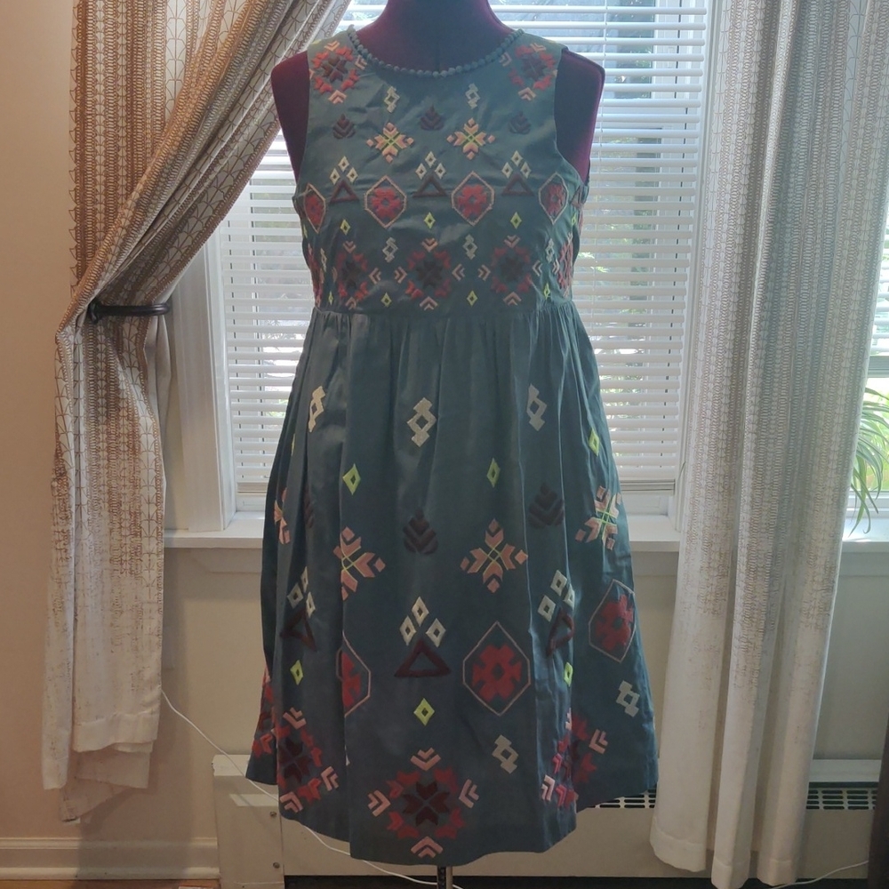 Anthropologie Blue and Red Patterned Dress